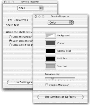 To access the Terminal Inspector, choose Terminal→Window Settings (or -I). This window is like a preferences dialog box with many tabs, which you navigate by choosing from the unlabeled pop-up menu at the top. Two of its panels are shown here.