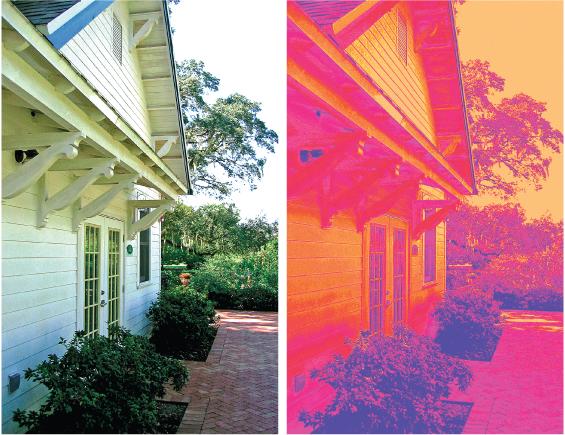 Left: A pedestrian shot with a totally blown-out sky.Right: The shot becomes something altogether different when you apply a gradient map adjustment.