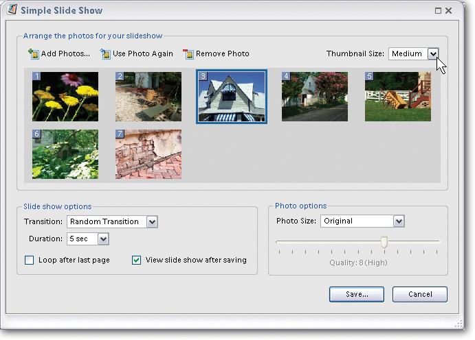 The thumbnail images you see here are just for your convenience while creating your slideshowâthe finished version doesn't include thumbnail navigation. To change the order of your photos, just drag the thumbnails into the order in which you want them to appear. Use the Add Photos button to find additional images, or highlight a photo and click Remove Photo to remove it. If you want to use a photo more than once in your slideshow, highlight the photo you want, then click "Use Photo Again." Elements makes a copy that you can drag to the place in the thumbnails where you want it to appear.