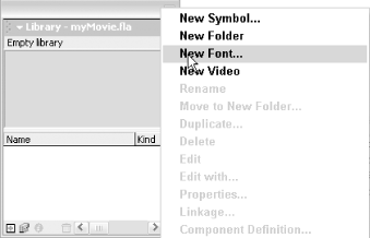 Selecting New Font from the Library’s pop-up Options menu