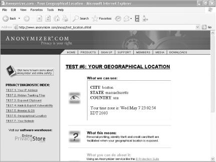 The Anonymizer.com web service, exposing my current geographic location