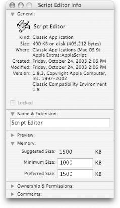 Mac OS 9’s Script Editor’s Info window, showing the Memory section