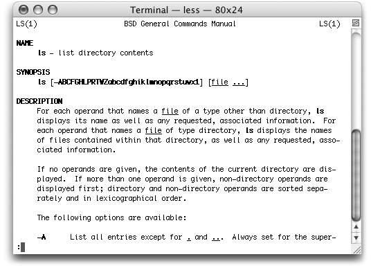 To move on to the next man screen, press the Space bar. To go back, press the up-arrow key or the B key. To close the manual and return to a prompt, press Q. You can also search for a certain phrase by typing a / (to produce the “find what?” prompt); thereafter, type n to find the next occurrence.