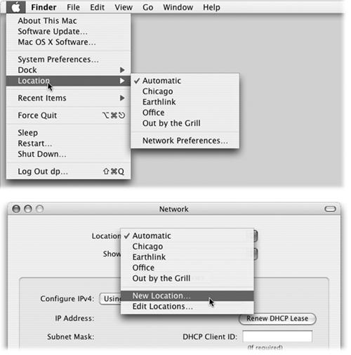 The Location feature lets you switch from one “location” to another just by choosing its name—either from the menu (top) or from this pop-up menu in System Preferences (bottom). The Automatic location just means “the standard, default one you originally set up.” (Don’t be fooled: Despite its name, Automatic isn’t the only location that offers multihoming, which is described later in this chapter.)