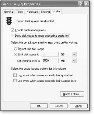 You can limit the amount of storage each person who uses the computer gets, and even set warning levels so Windows will warn folks ahead of time when they approach their limit. Go a step further and have Windows create a log that tracks when anyone's account reaches its warning level or quota.