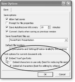 When you save your fonts along with your presentation, choose the "Embed all characters" option if you need others to work on the presentation, too. Choose the "Embed characters in use only" option if no one else will be making changes (this option shrinks the file size of the presentation).