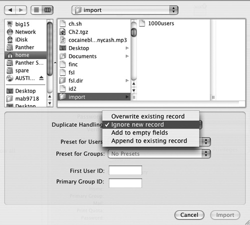 Workgroup Manager’s dialog for importing user records. Duplicate records may be overwritten, ignored, appended to, or merged with duplicates. These options are identical to those of dsimportexport, and are described in more depth in Table 4-3.