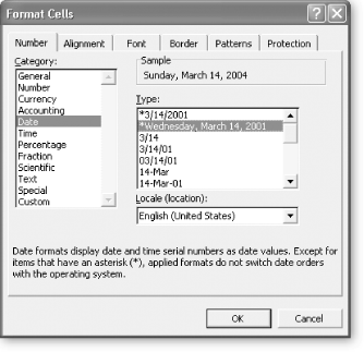 Excel gives you dozens of different ways to format dates and times. You can choose between formats that modify the date’s appearance depending on the regional settings of the computer viewing the Excel file or you can choose a fixed date format. When using a fixed date format, you don’t have to stick to the U.S. standard. Instead, choose the appropriate region from the Locale list box. Each locale provides its own set of customized date formats.