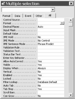 The properties window shows the intersection of available properties when you’ve selected multiple controls