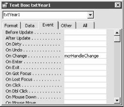 The properties window with the selected macro assigned to the OnChange event property