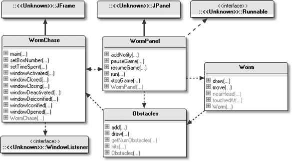 Class diagrams for the WormChase application