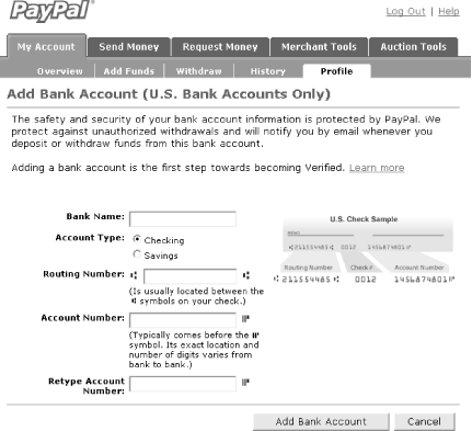 Adding a bank account