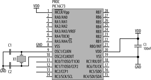 PIC16C73 processor and support components