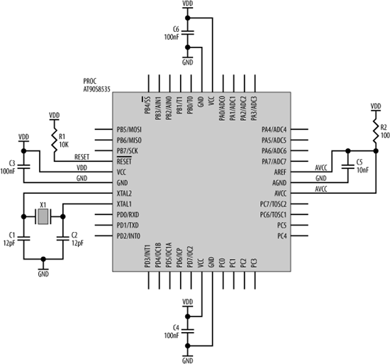 AT90S8535 processor and support components