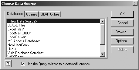 Use the Query Wizard to connect to an external data source