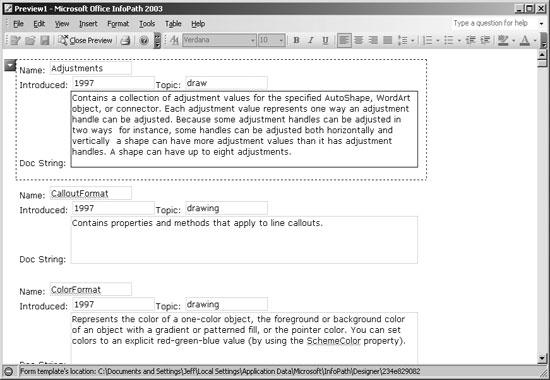 Previewing the XML data in InfoPath