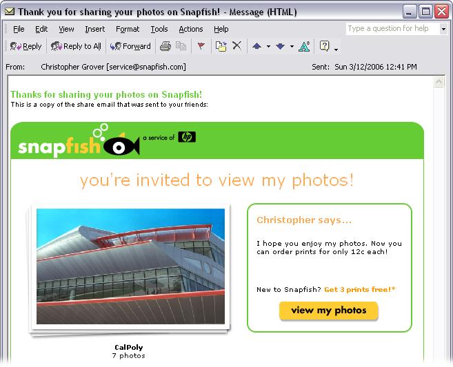 When you want to invite friends and family to see your photos, you can use Snapfish to send them an email. They don’t have to create an account to view your pictures, but Snapfish usually offers them an enticement (like free prints) if they do.