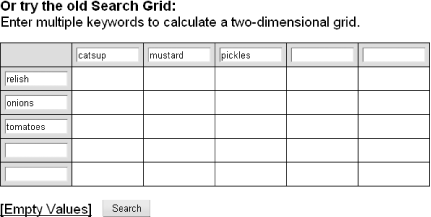 Search Grid populated with keywords to combine