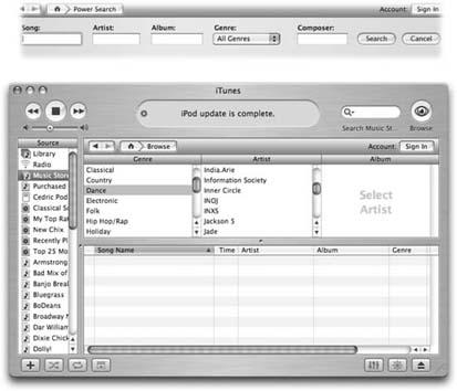 Top: Click the Power Search link on the Music Store’s home page to do some serious sleuthing for specific songs.Bottom: One click leads to another when browsing the iTunes Music Store. Click Browse, then pick a Genre, and then click an Artist on the next list to see the albums available by that musician or group. Once you have settled on a genre, the store unfurls a list of all the artists in that category.