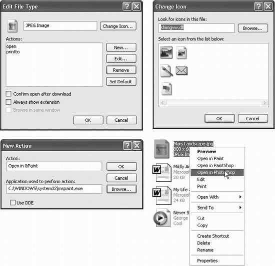 Top left: The Advanced box lets you make even more decisions about each file type on your PC, including its auto-downloading behavior, double-click behavior, and (at top right) even its icon. Bottom left: In the top box, type the name for the new shortcut-menu command you want to create. Then click Browse to choose the program file for Photoshop itself. (Alternatively, you could type the path to the Photoshop program into the “Application used to perform action” text box.) Either way, add a space and then %1 to the end of the pathname shown in the lower box—a reference to the file being opened. Bottom right: A doctored shortcut menu at work.