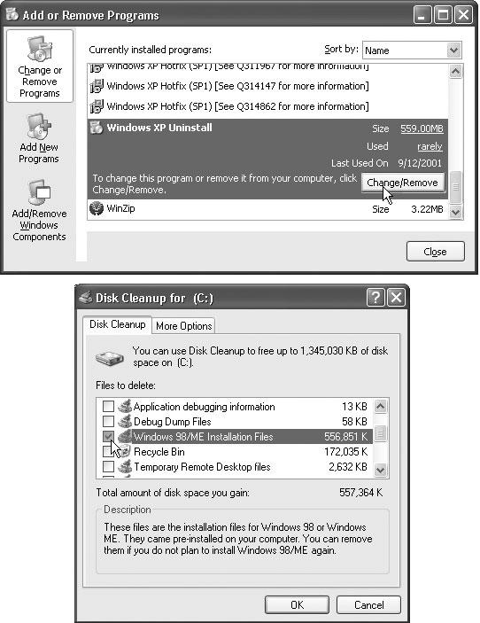 Whenever you perform an upgrade installation from Windows 98, Windows 98 SE, or Windows Me, you actually retain both the old and the new versions of Windows. If, as the months go by, you decide that you’d like to reclaim the disk space being used by the dormant operating system, you can delete it. You can delete the older version (top), committing to Windows XP forever, or you can delete Windows XP (bottom), restoring your older version.