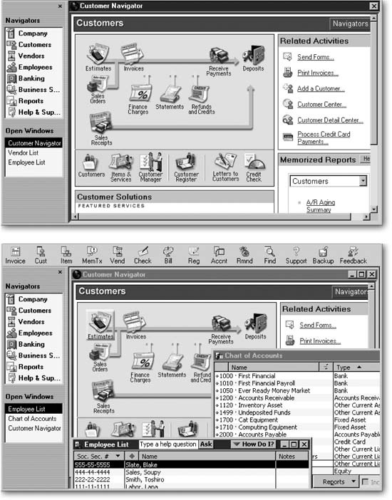 Top: Although you can open multiple windows, they are stacked on top of each other so you see only the top one. When you use the One Window approach, you can switch windows by choosing windows in the Open Window List. If the Open Window List isn't visible, choose View→Open Window List. On the menu bar, you can also choose Window and then choose the name of the window you want to display.Bottom: The Multiple Windows option displays multiple windows. In this mode, you can also reposition windows by dragging their title bars or resize windows by dragging their edges and corners.