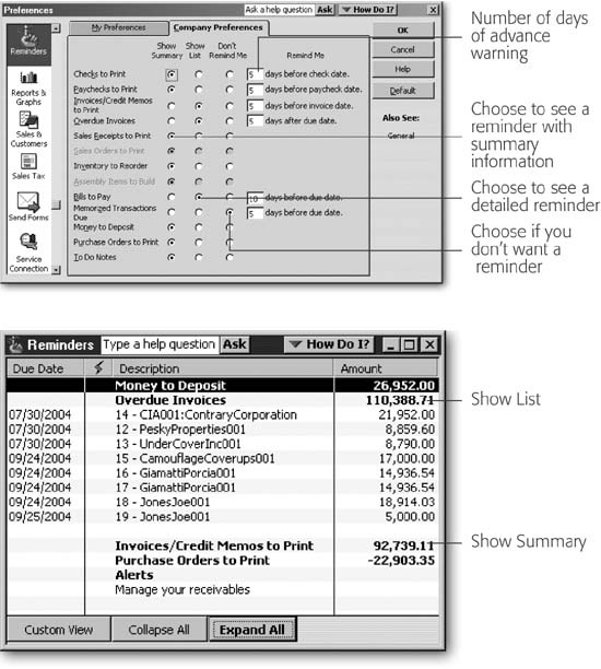 Top: Choose how QuickBooks reminds you. For transactions like bills that require action by a specific date, you can tell QuickBooks how far in advance to remind you. If you don't want a Preferencesreminderreminder for a type of transaction, choose the option in the Don't Remind Me column.Bottom: If you choose an option in the Show Summary column, QuickBooks displays a reminder and the total amount of money, as shown by the RemindersinvoicesInvoices/Reminderscredit memosCredit Memos to Print line. Choose Show List options to view each transaction on a separate line, as shown by the Overdue Invoices categories. QuickBooks shows one line with the total for overdue invoices, followed by one line showing each overdue invoice.