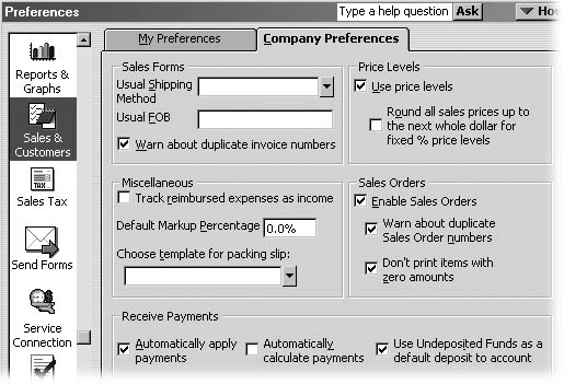 Preferences in the Sales & Customers section affect the information that appears on invoices, as well as the accounts to which QuickBooks assigns income. If you want to return the preferences in a section to the default settings that QuickBooks applies when you install the software, click Default.