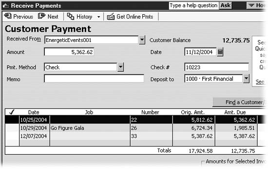 When you choose a customer or Reportsjobjob, at the top of the dialog box, QuickBooks shows the corresponding balance (including any credits available). The program also fills in the table here with every unpaid invoice for that customer or job. If an invoice is for a job, the job name appears in the table. When the cell in the Job column is blank, the invoice applies directly to the customer, not a job. If an invoice that you expect to see is absent, it probably applies to a different job or to the customer.