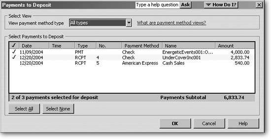 The first method for separating payments to deposit is by payment method. If you have gazillions of payments, in the View payment method type box, choose a payment method to display only those types of payments. To choose specific payments to deposit, in the checkmark column, click each payment you want to deposit. To select evry payment listed, click Select All.