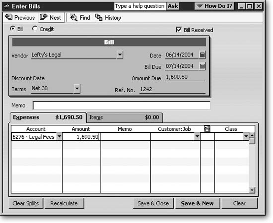 QuickBooks automatically chooses the Bill option, so you can record a vendor bill. It turns on the Bill Received checkbox, because you rarely enter a bill you haven't received. Turn off this checkbox only if you receive a shipment of inventory without a bill, which you'll learn about on page 293.The program displays the ExpensesExpenses tab, which is where you enter information about expenses such as utility bills, credit card bills, and your accountant's fees. See page 275 to learn how to enter bills for inventory purchase using the Items tab.