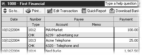 In a register window, the code CHK in the Type cell indicates a check transaction