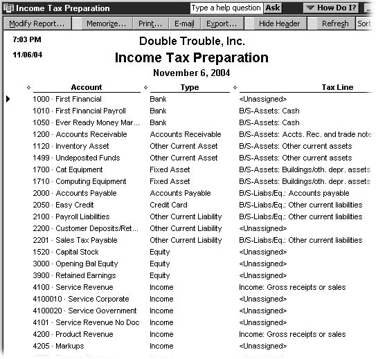 " in the Tax Line column, you'll have to assign a tax line to that account. To edit an account, press Ctrl+A to display the Chart of Accounts. Select the account and press Ctrl+E to open the Edit Account dialog box. In the Tax Line entry drop-down list, choose the tax form for that account.