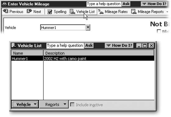 Top: To open the Vehicle List window, in the Enter Vehicle Mileage dialog box icon bar, click Vehicle List. From this icon bar, you can set the standard mileage rate you use for tax deductions by clicking Mileage Rates (page 435). To generate Timereportsreports of the mileage you've driven, click Mileage Reports (page 438). Bottom: In the Vehicle List window, press Ctrl+N to open the New Vehicle dialog box.