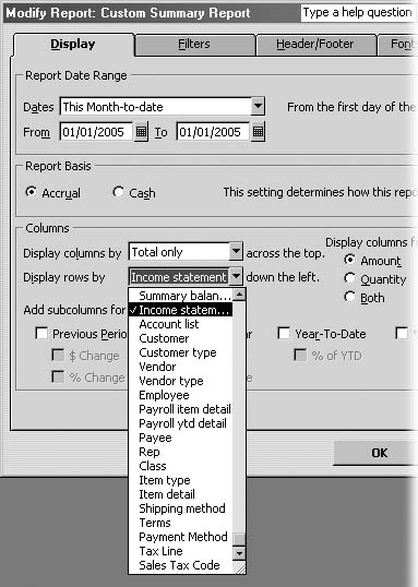 In addition to date ranges, filters, and other customizations (page 476), you can control what QuickBooks displays in the rows and columns of a custom report. The entries in the "Display columns by" and "Display rows by" drop-down lists are the same, so you can set up a report to show your data across or down. A report that uses the same category for both columns and rows doesn't make any sense, so be sure to choose different entries for columns and rows.The Modify Report window for custom reports also includes checkboxes for comparing values to previous periods as well as showing dollar and percentage differences, like budget versus actual reports do.