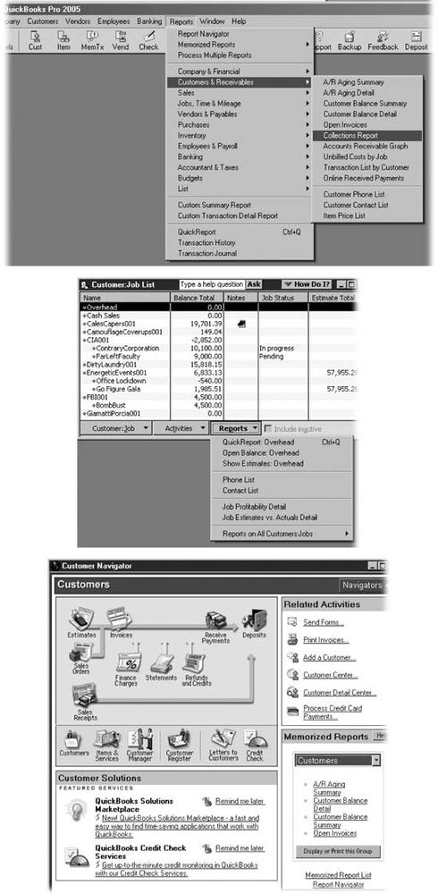 Top: The Reports menu includes not only the built-in QuickBooks reports; it also launches the Report Navigator and contains the Process Multiple Reports command, described on page 474.Middle: At the bottom of every list window is a Reports button, which displays reports related to the list you're viewing.Bottom: Navigator windows also list links for reports that relate to an area of QuickBooks. For example, choose Customers→Customer Navigator to open the Customer Navigator window. On the right side, in the Memorized Reports area, click links to produce customer-oriented reports. Click the Memorized Report List link to open a window that lists every report you've memorized.