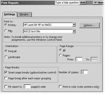 Select the Printer option and then, in the Printer drop-down list, choose the printer to which you want to send the report. You can print reports in portrait or landscape orientation. You can also specify the pages you want to print, how many copies to print, where you want page breaks, and whether to print in color. If a report is a bit too wide to fit on one page, turn on the "Fit report to" checkbox, which lets you force the report onto one (or more) pages.