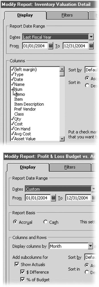 Top: For a detail report, the Display tab in the Modify Report dialog box includes a list of fields you can choose to include as columns in the report. If a field is preceded by a checkmark, click the field to remove it from the report. If no checkmark appears, click the field to add it. Bottom: When you create a report that makes comparisons, the Display tab on the Modify Report dialog box includes checkboxes for showing dollar and percentage comparisons. For example, if you want to focus on the percentage difference between budget and actual values, turn off the $ Difference checkbox.