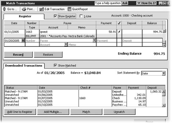 Initially, all the transactions show up as unmatched. If you don't enter transactions in QuickBooks, this status shouldn't surprise you. But if you dutifully enter all your transactions before you download, dozens of unmatched transactions might make you nervous. You must first turn on the Show Register checkbox for QuickBooks to compare the Viewing downloaded transactions Downloaded transactionsviewingdownloaded transactions to the ones in your account register. If the program finds a match, you'll see the word Matched next to a QuickStatement transaction. Otherwise, the transaction is labeled Unmatched.