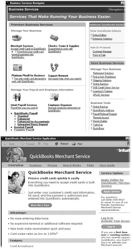 Top: The Business Services NavigatorBusiness Services Navigator window includes links to every add-on service that Intuit offers. If you want to scour Intuit business services using your regular Web browser, navigate to In the toolbar, click Add-ons. Bottom: When you click a link, the program opens a second browser window with more details about the service and a link to sign up. To find out whether the service would be helpful, click Features. If money is the first thing you think of, click Pricing to find out how much the service costs. For example, Merchant Service costs at least $37.95 a month.