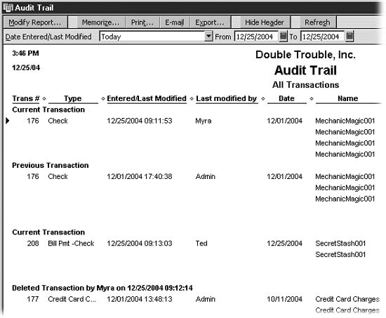 To generate the Audit Trail report, choose Reports→Accountant & Taxes→Audit Trail. (You must be the QuickBooks Administrator or have permission to generate sensitive financial reports to do this.) The report shows transactions that have changed or been deleted only while the audit trail preference was turned on. To see the detail of a transaction, double-click it.