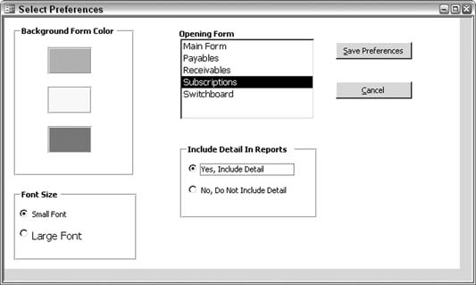 A form in which users select their preferences