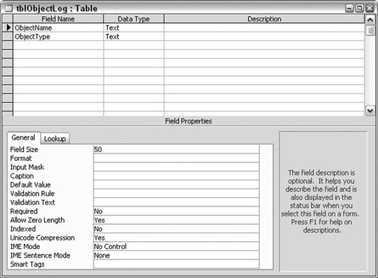 A table for logging objects as they are opened