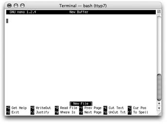 A new nano session. One key difference between nano and, say, TextEdit: To scroll, you must use the up and down arrow keys, or the Prev Pg and Next Pg commands—not the Terminal scroll bar.