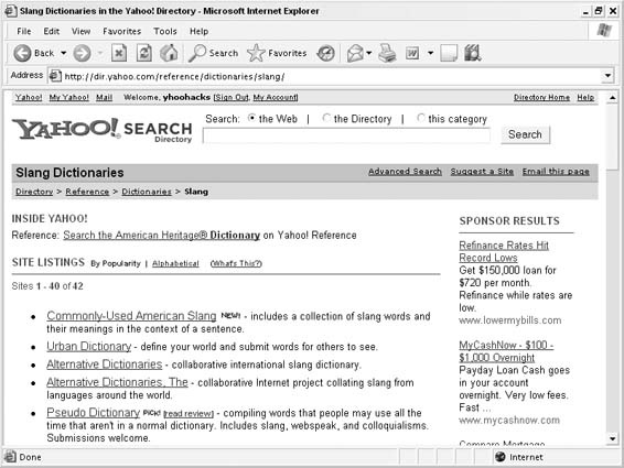 The Slang Dictionaries category in the Yahoo! Directory