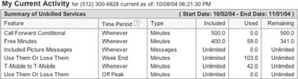 Account usage from the T-Mobile web site