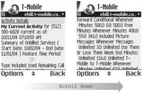 The T-Mobile account usage page displayed via the Opera browser on a Series 60 device