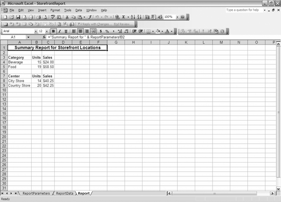 Worksheet resulting from the code in Example 8-3, with a formula in the formula bar that allows the same report template to be used regardless of the line of business