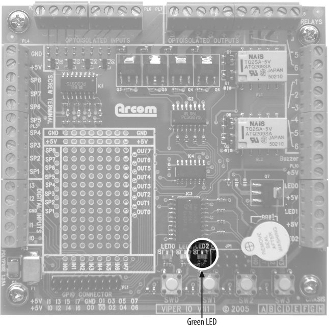 Arcom board add-on module containing the green LED