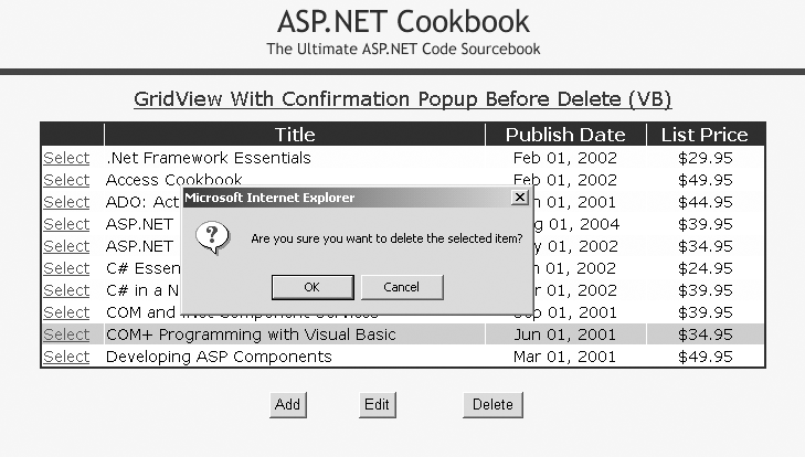 Confirmation pop-up before deletion in a GridView output